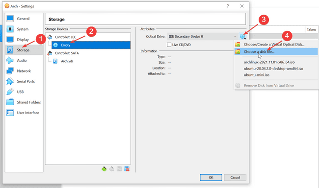 Mount Arch Linux ISO file to the virtual machine